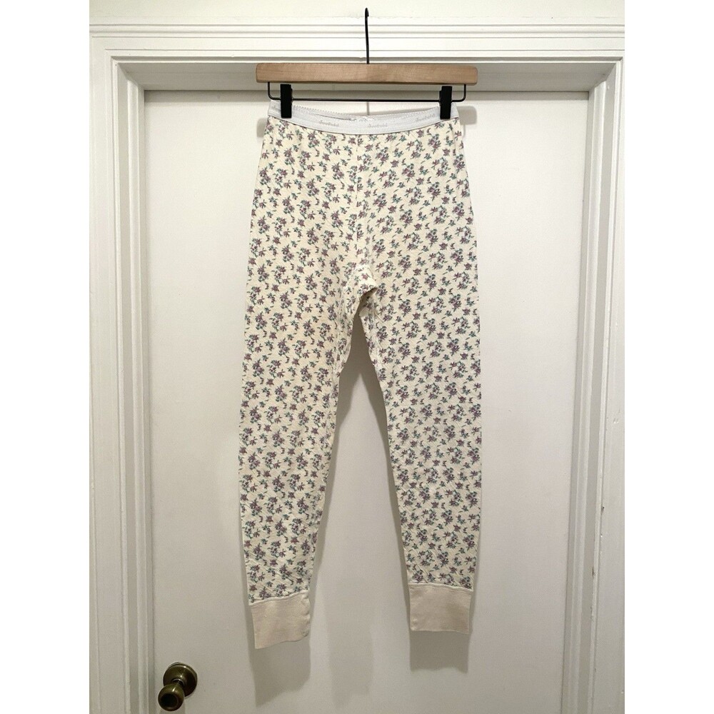 VTG Duofold Floral Thermal Long Underwear Leggings Cream Pink Womens Medium Wool